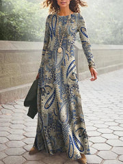 Vintage Geometric Print Autumn O Neck Boho Dress