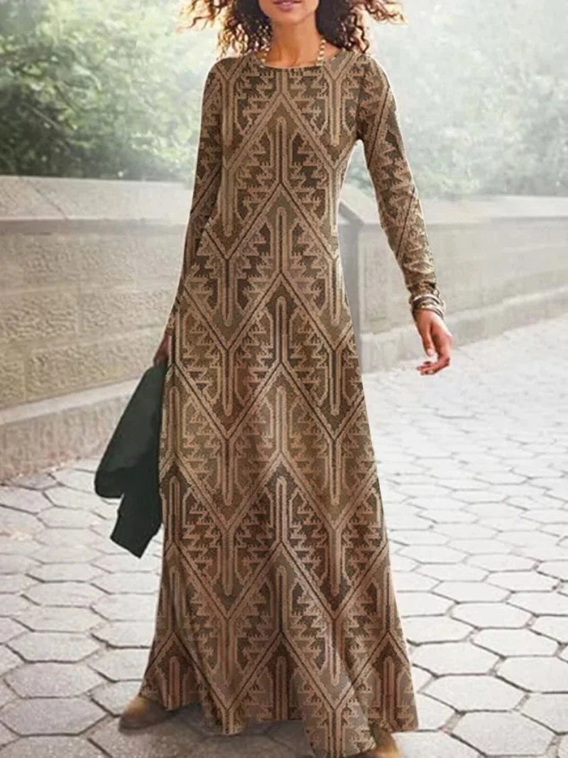 Vintage Geometric Print Autumn O Neck Boho Dress