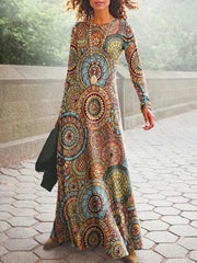 Vintage Geometric Print Autumn O Neck Boho Dress