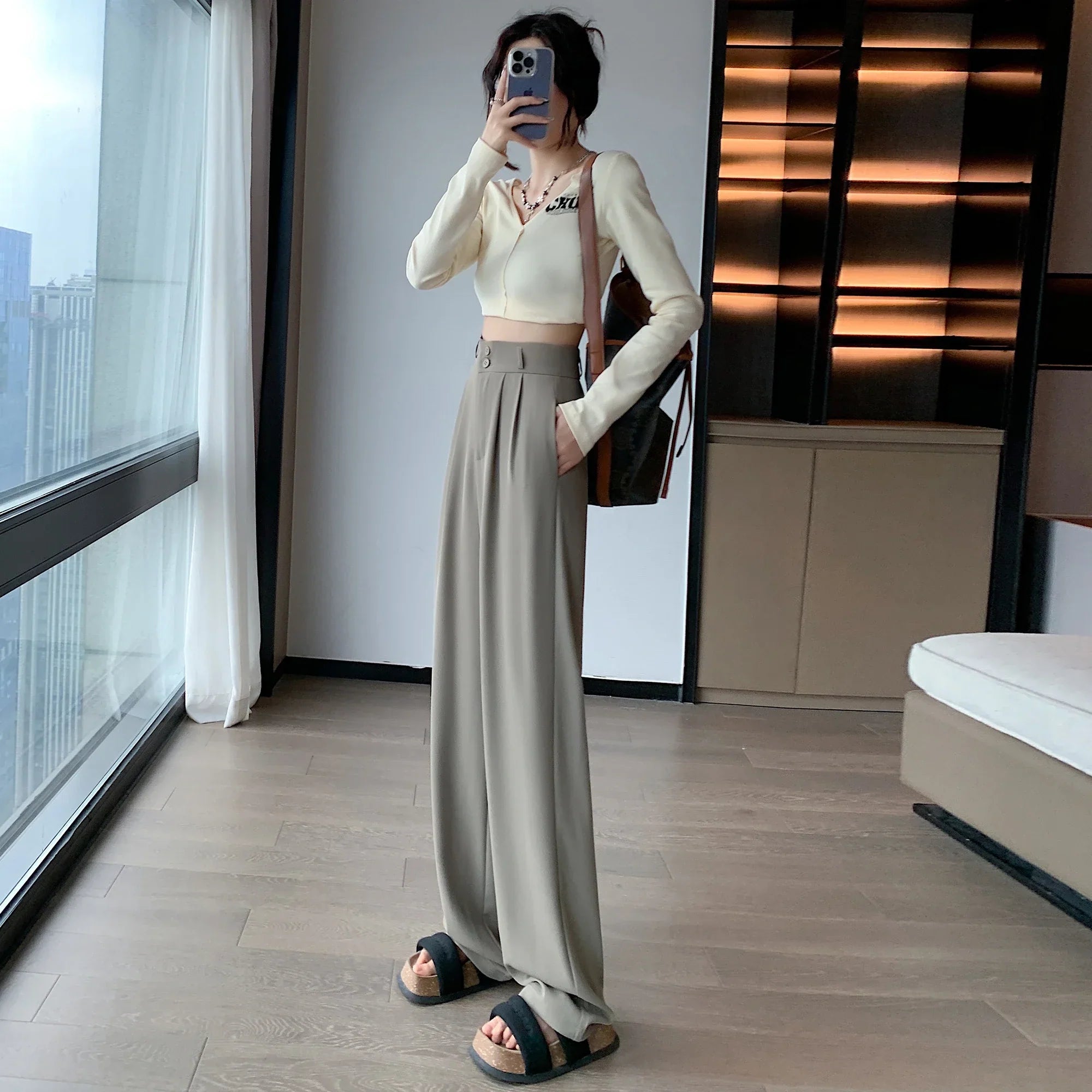 High Waisted Pants For New Fashion Button Up Wide Leg Office Ladies Pants