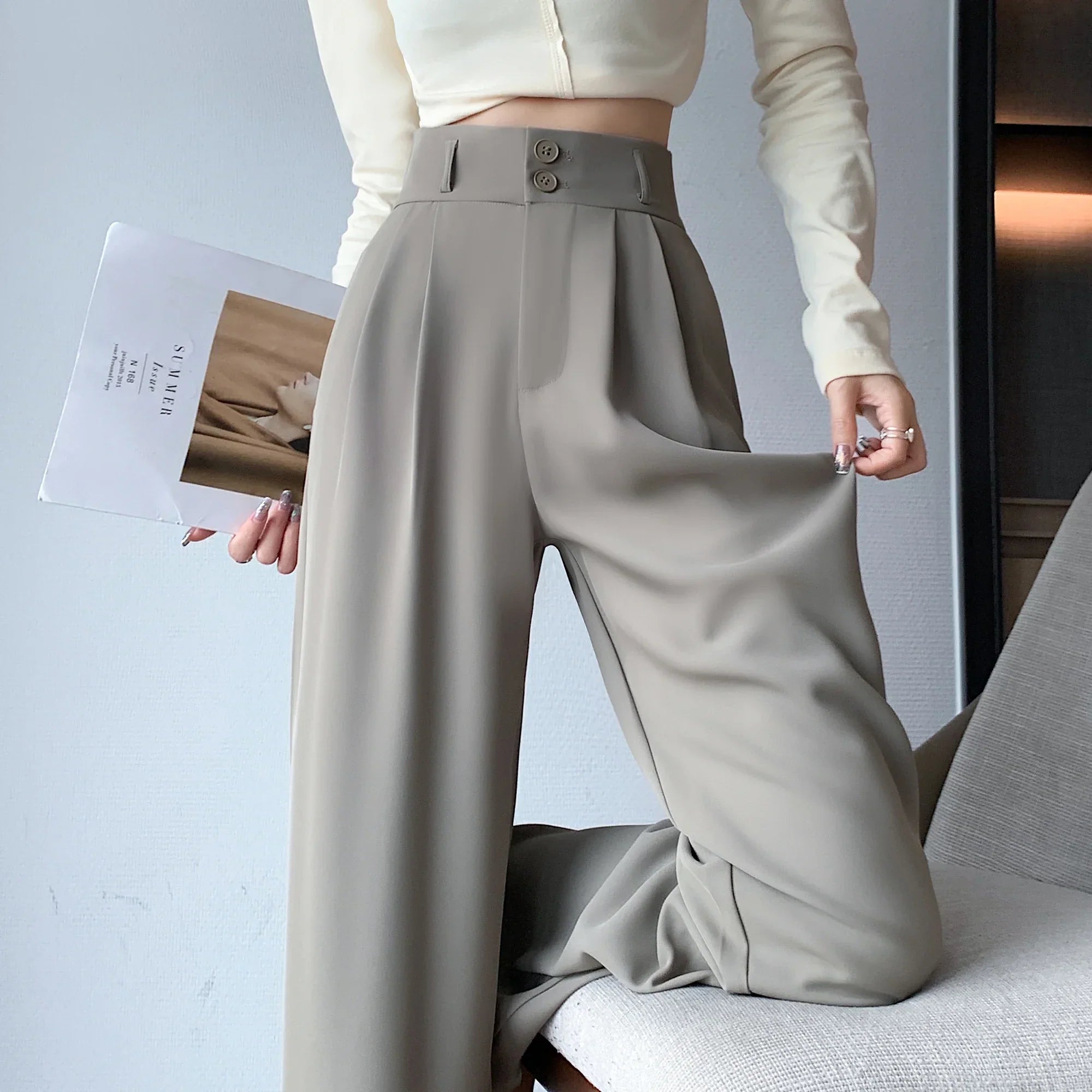 High Waisted Pants For New Fashion Button Up Wide Leg Office Ladies Pants