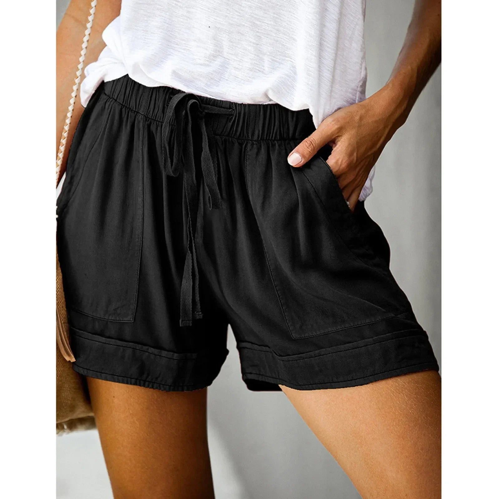 Womens Drawstring Solid Plus Size Splice Casual Elastic Waist Pocketed Loose Shorts женские New Short