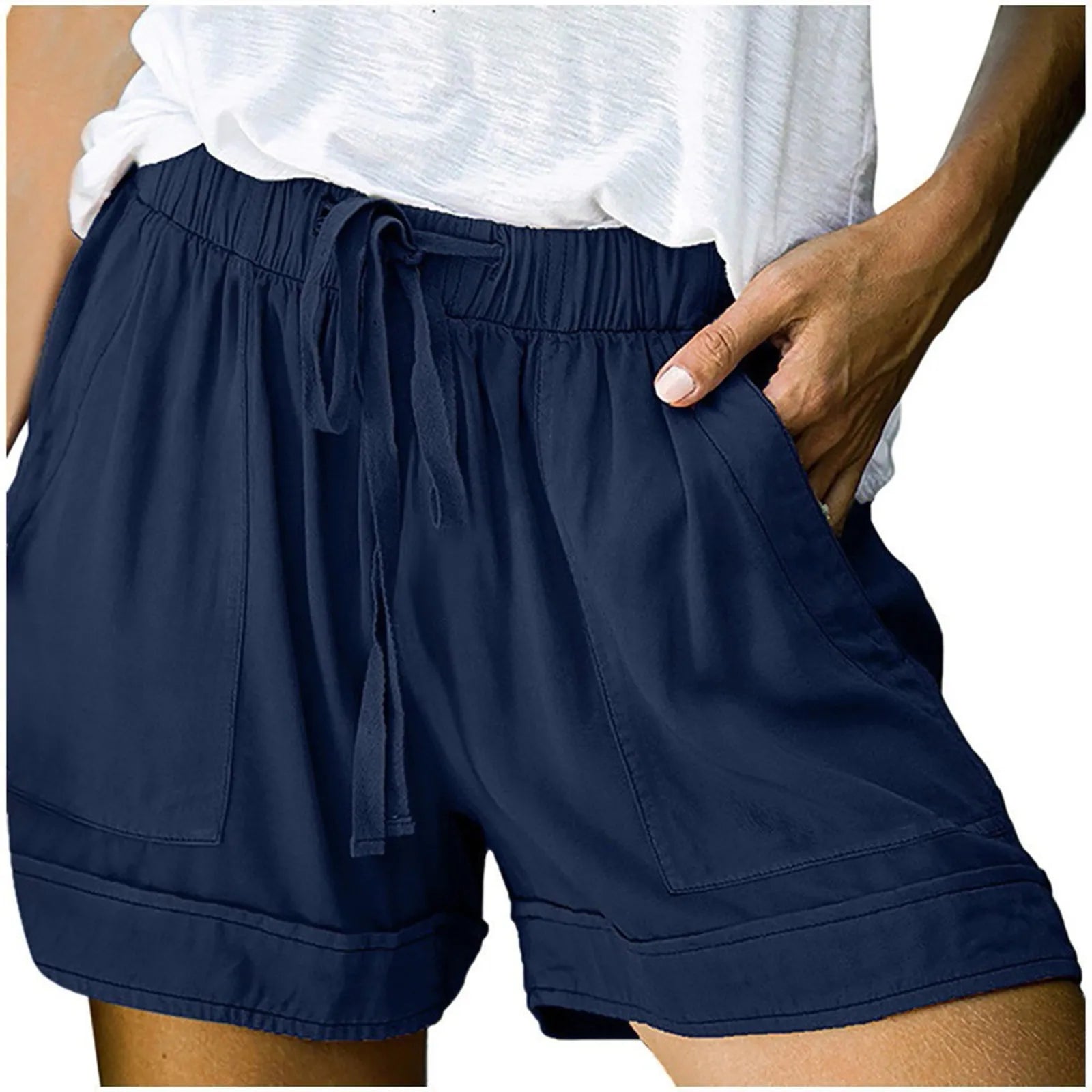 Womens Drawstring Solid Plus Size Splice Casual Elastic Waist Pocketed Loose Shorts женские New Short