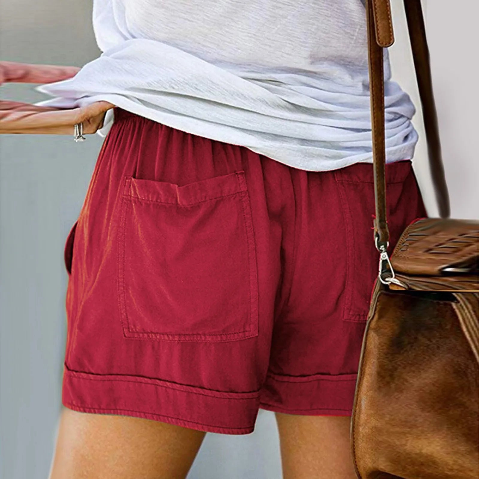 Womens Drawstring Solid Plus Size Splice Casual Elastic Waist Pocketed Loose Shorts женские New Short