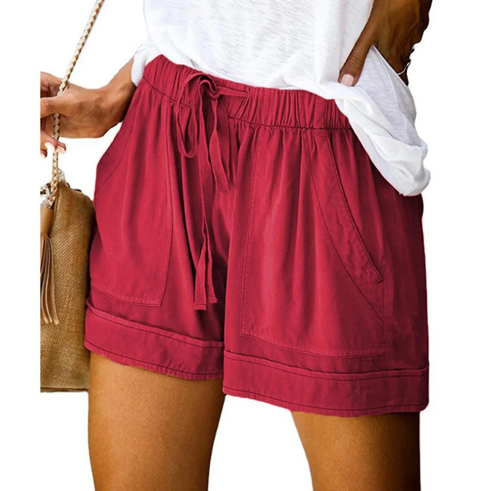 Womens Drawstring Solid Plus Size Splice Casual Elastic Waist Pocketed Loose Shorts женские New Short