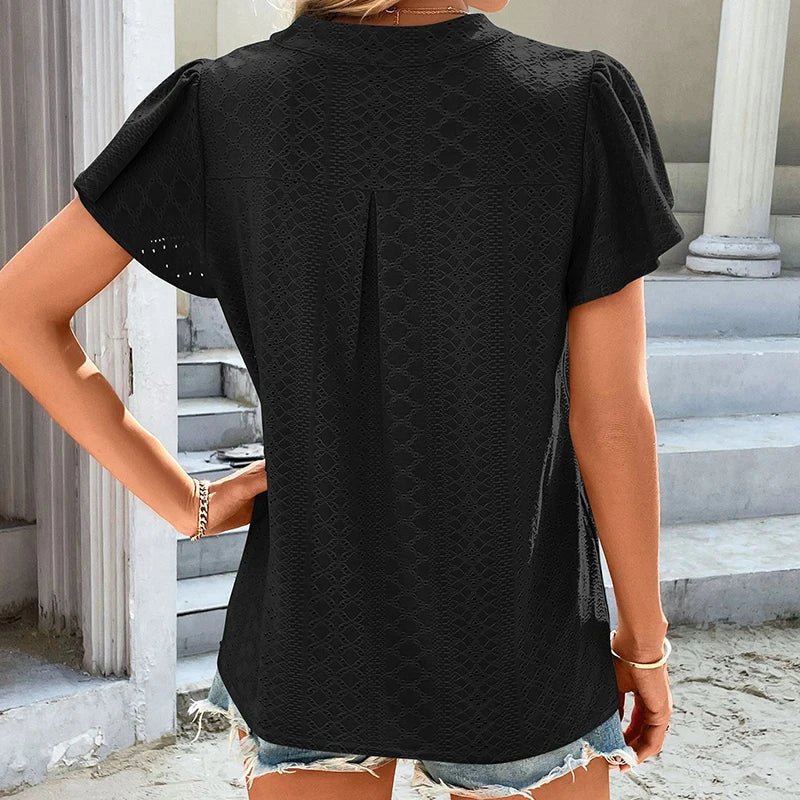 Tops Hollow Solid Elegant T-Shirt Spring Summer V Neck Blouses