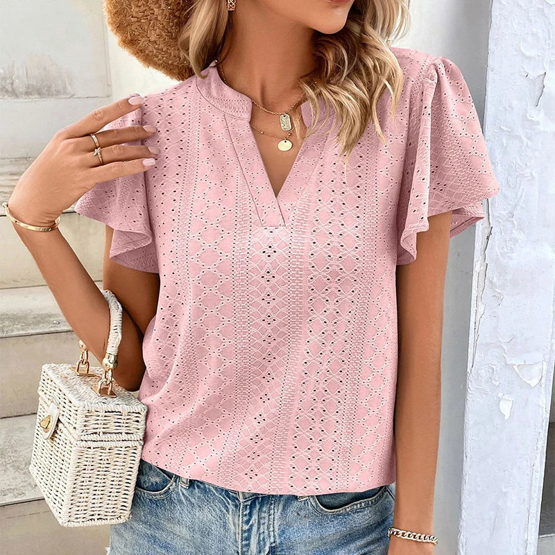 Tops Hollow Solid Elegant T-Shirt Spring Summer V Neck Blouses