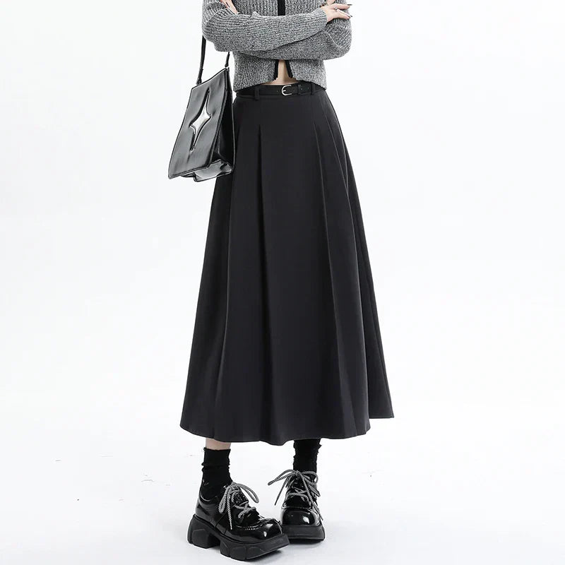 Woolen Pleated Womens New Autumn Winter Wool High Waist Ladies Elegant A-line Long Skirt