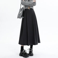 Woolen Pleated Womens New Autumn Winter Wool High Waist Ladies Elegant A-line Long Skirt
