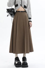 Woolen Pleated Womens New Autumn Winter Wool High Waist Ladies Elegant A-line Long Skirt