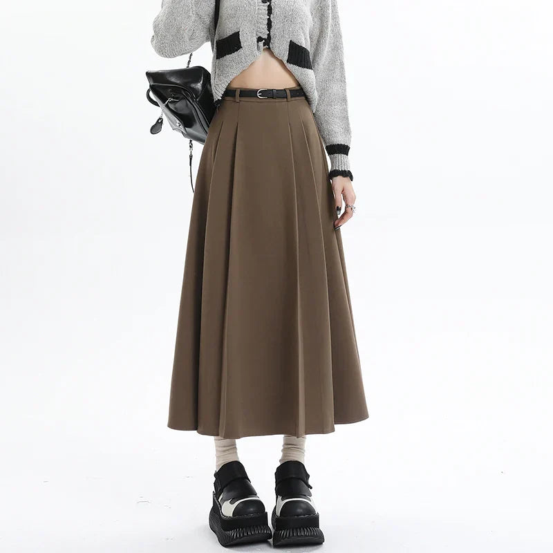 Woolen Pleated Womens New Autumn Winter Wool High Waist Ladies Elegant A-line Long Skirt