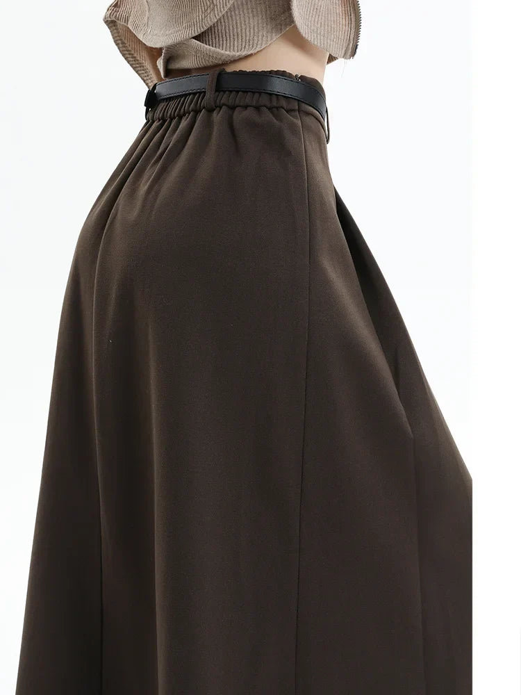 Woolen Pleated Womens New Autumn Winter Wool High Waist Ladies Elegant A-line Long Skirt