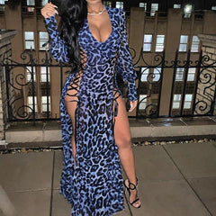 XXL Leopard Print Bandage Hollow Out  Dress Long Sleeve V-neck Split High Waits Maxi Dress Party Club Wear Robe Femme