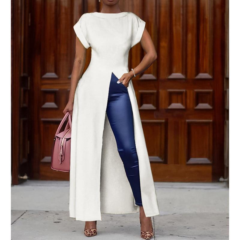 XXL Plus size high split long summer dress Solid color short sleeve casual loose dress Elegant streetwear robe femme