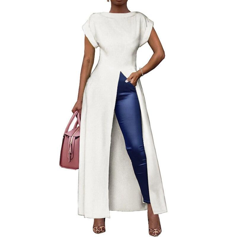 XXL Plus size high split long summer dress Solid color short sleeve casual loose dress Elegant streetwear robe femme