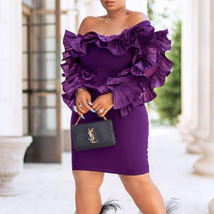 XXL Ruffles Shoulder Bodycon Dress Solif Color Elegant Long Sleeve Party Dress