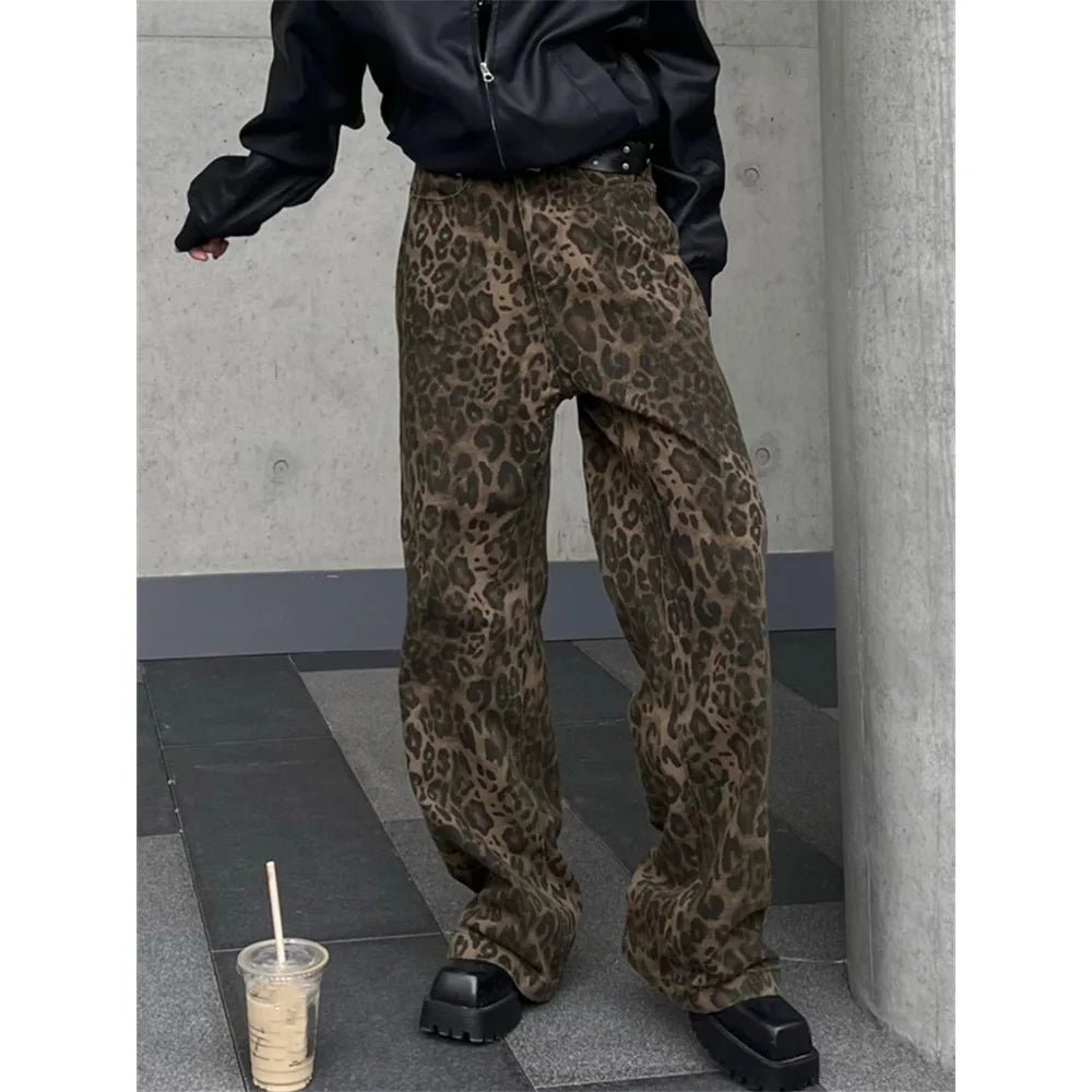 Y2k High Street Baggy Leopard Print High Waist Wide Leg Trouser