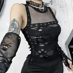 Gothic Trendy Fishnet Backless Steampunk Rave Party Crop Top