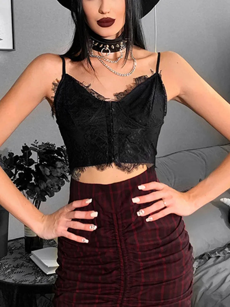 Gothic Punk Fairy Grunge V-neck Dark Lace Crop Top