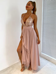 Elegant Sequins Mesh Stitching Long Party Dress