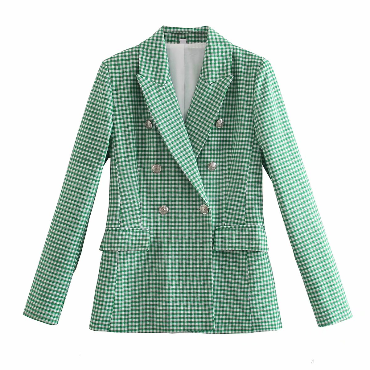 Vintage Green Pink Houndstooth Plaid Print Blazer