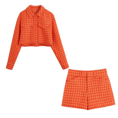 Vintage Houndstooth Print Leisure Short Orange Coat