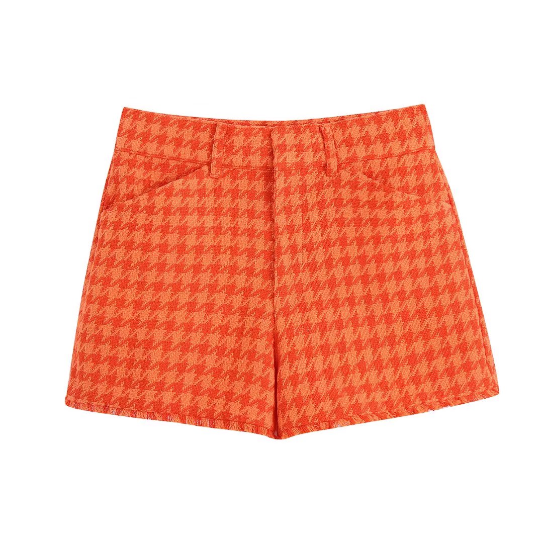 Vintage Houndstooth Print Leisure Short Orange Coat