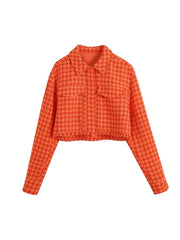 Vintage Houndstooth Print Leisure Short Orange Coat