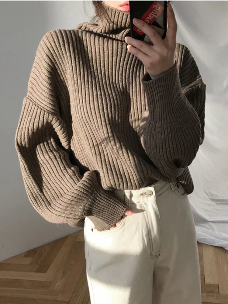 Korean Simple Lazy Wind Loose Long Sleeve Office Lady Knitted Pullovers Vintage Autumn Sweater