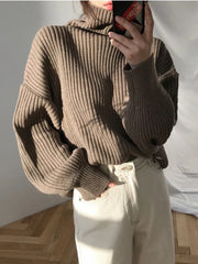 Korean Simple Lazy Wind Loose Long Sleeve Office Lady Knitted Pullovers Vintage Autumn Sweater