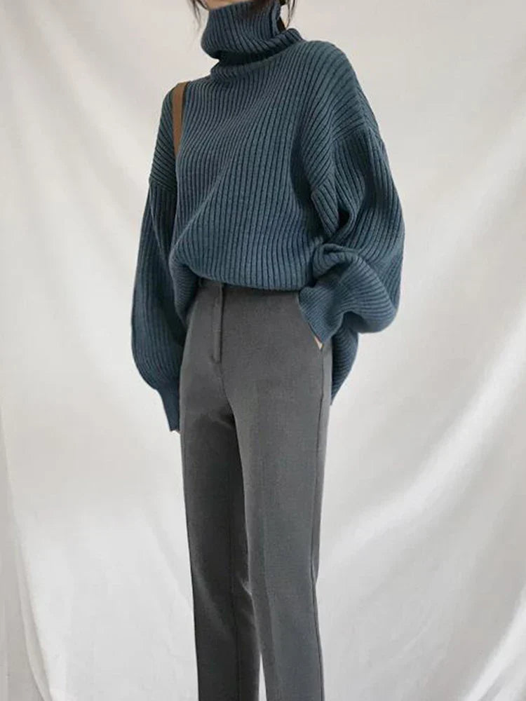 Korean Simple Lazy Wind Loose Long Sleeve Office Lady Knitted Pullovers Vintage Autumn Sweater