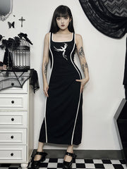 Gothic Square Neck Tank Sleeveless High Waist White Embroidery Bodycon Dress