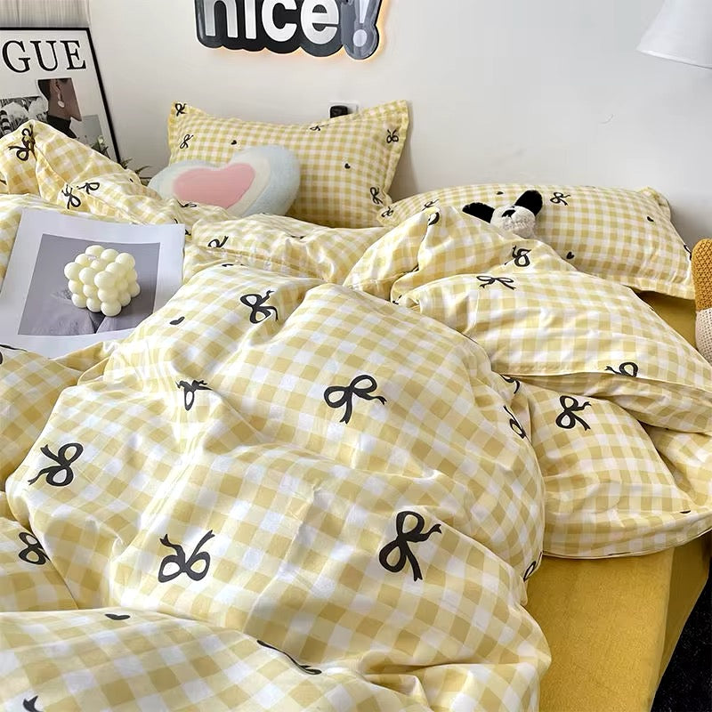 Pink Plaid Bowknot Bedding Set
