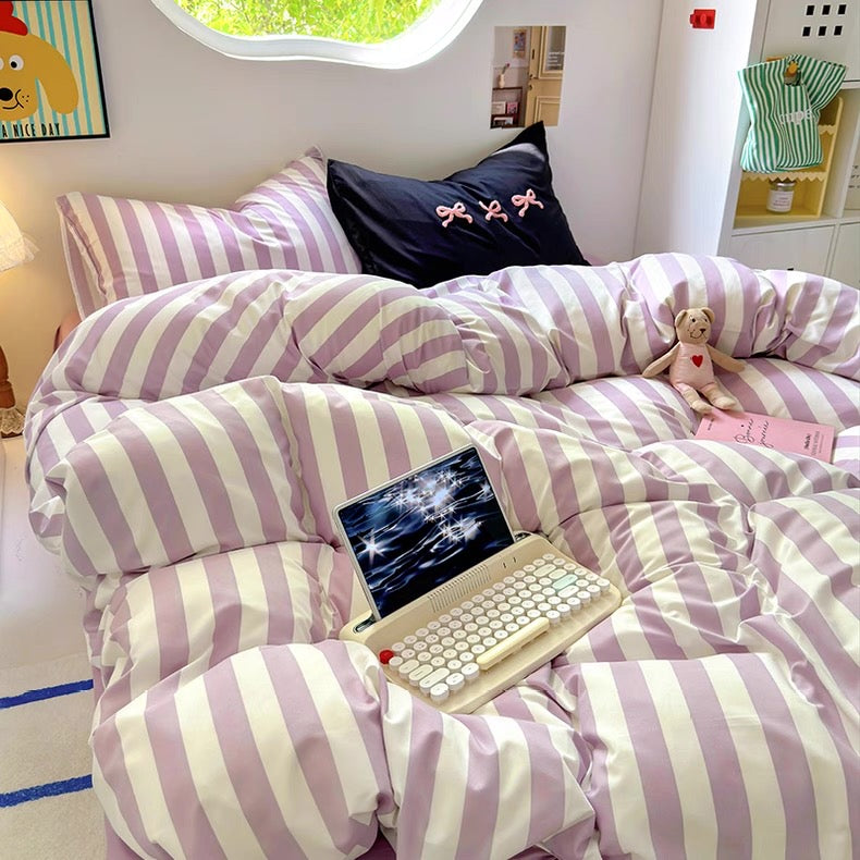 Purple Striped Cotton Bedding Set