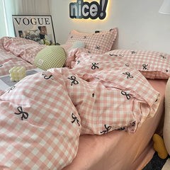 Pink Plaid Bowknot Bedding Set