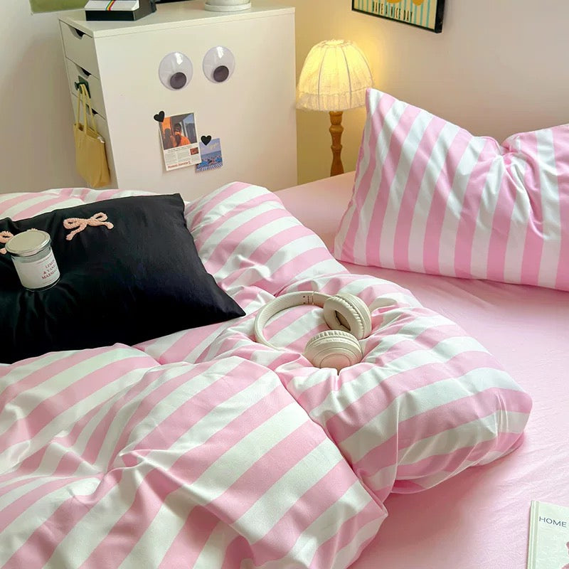 Pink Striped Cotton Bedding Set