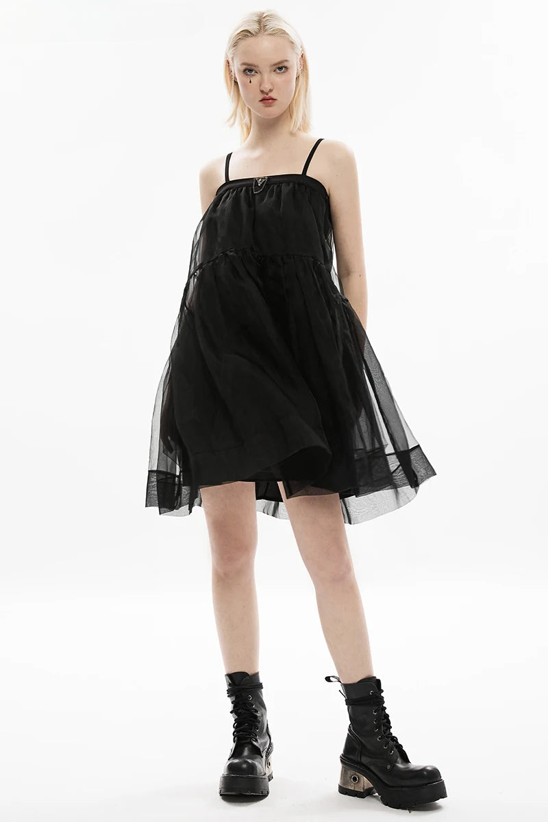 WomenDark Two Wear Slip Mesh Dress Metal Skull Triangular Flag Decoration Black Skirt
