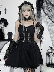 Gothic Black V Neck Lace Up Y2K Grunge Punk High Waist Lace Trim Party Dress