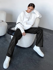 Winter Solid Leather Elegant Elastic Waist Leather Fashion Bottom