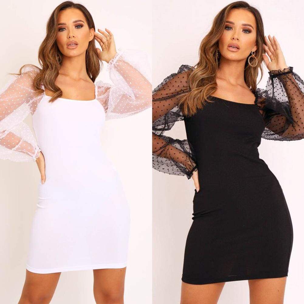 Bodycon Dress Slim Sheath Mesh Long Sleeve Dress