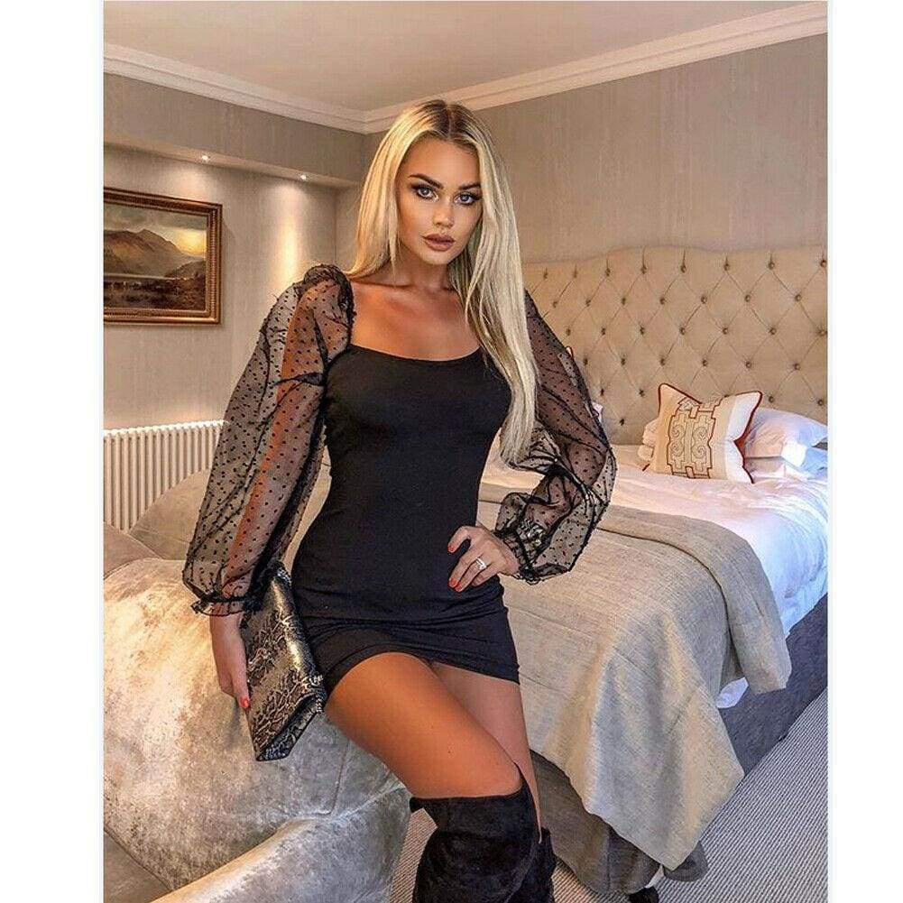 Bodycon Dress Slim Sheath Mesh Long Sleeve Dress