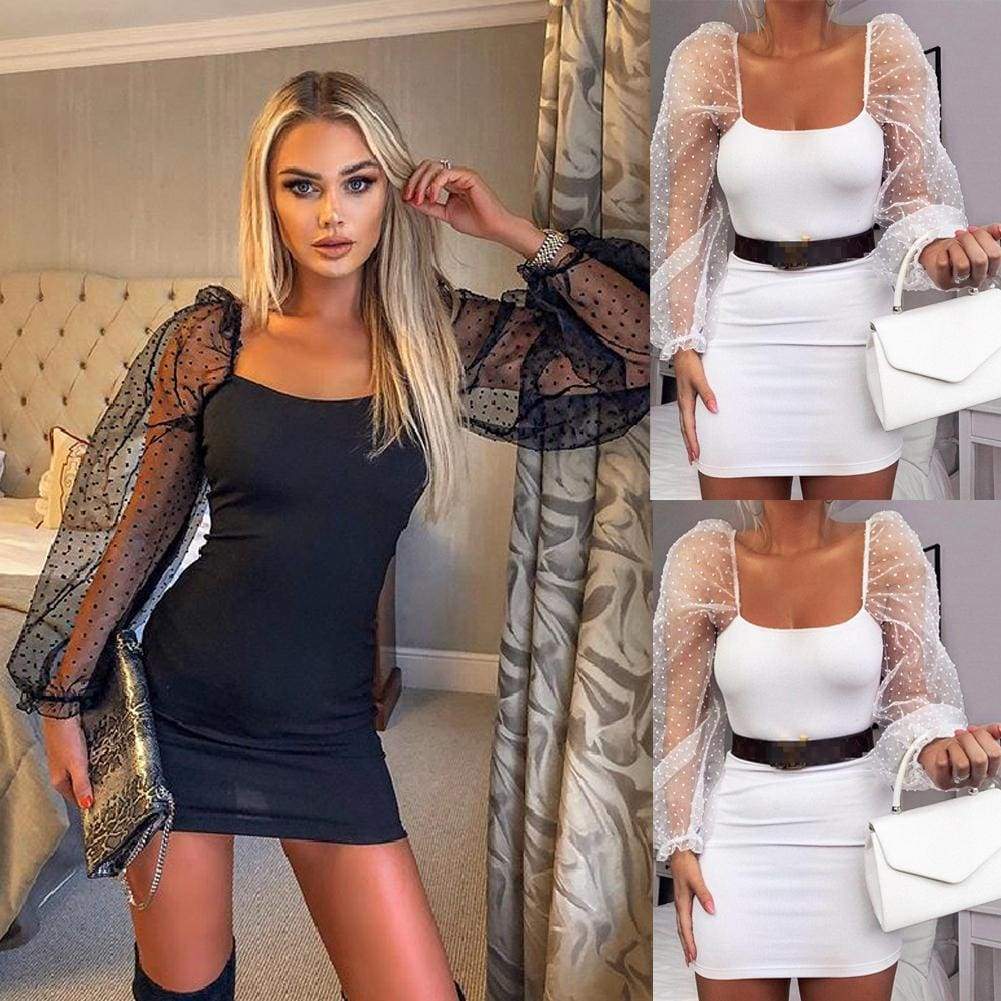Bodycon Dress Slim Sheath Mesh Long Sleeve Dress