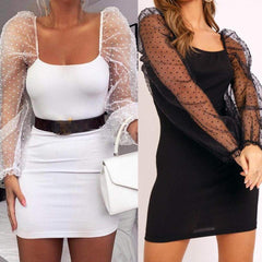 Bodycon Dress Slim Sheath Mesh Long Sleeve Dress