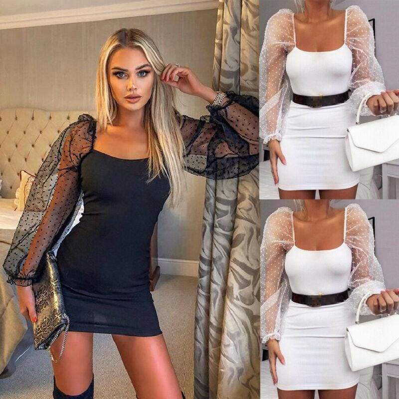 Bodycon Dress Slim Sheath Mesh Long Sleeve Dress