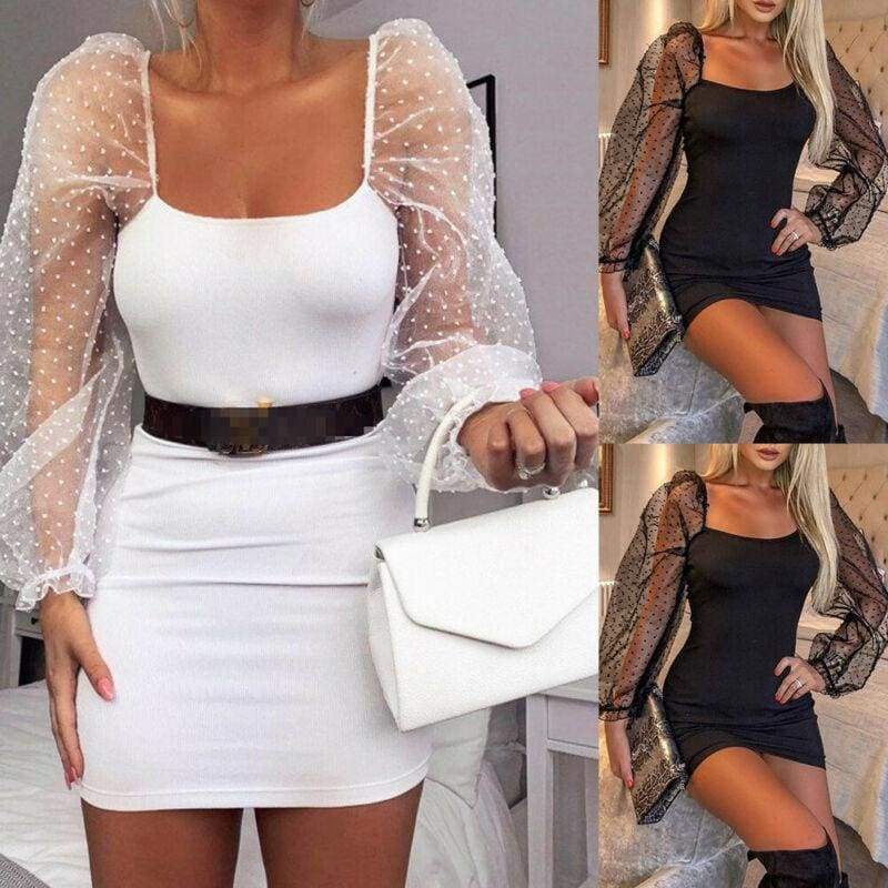 Bodycon Dress Slim Sheath Mesh Long Sleeve Dress