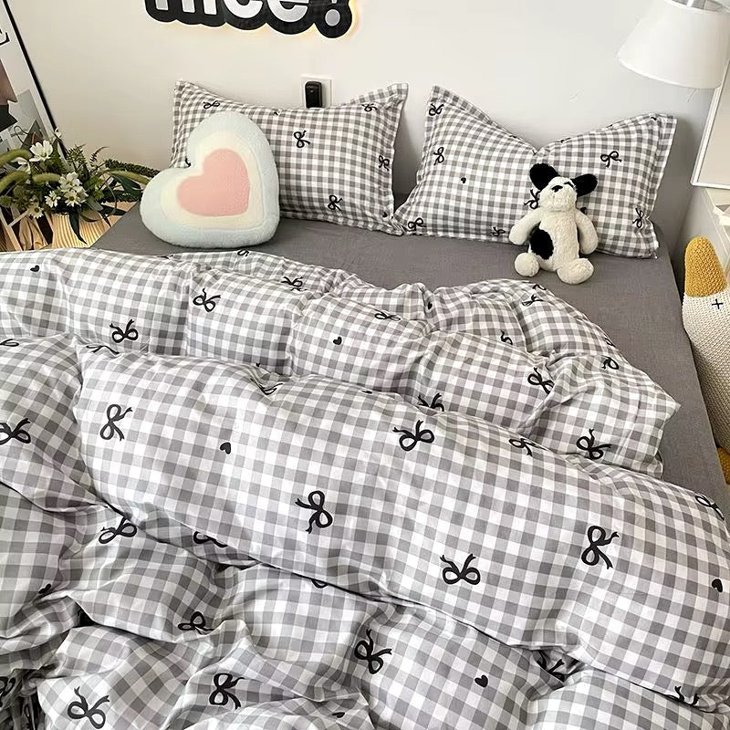 Pink Plaid Bowknot Bedding Set