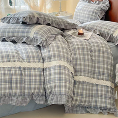 Blue Tartan Plaid Ruffle Bedding Set