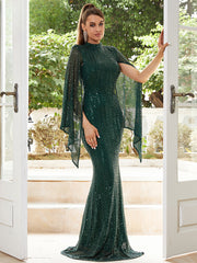 Green Sequin Evening Dress with Split Flare Sleeves