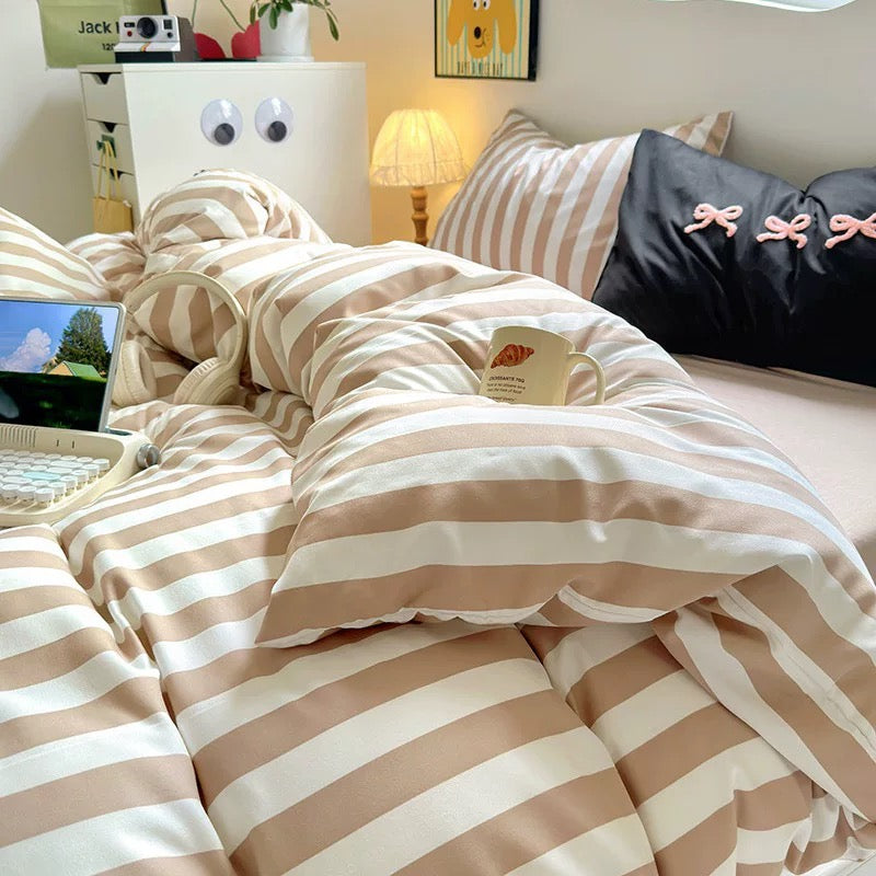Beige Striped Cotton Bedding Set