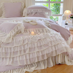 Cream White Princess Style Chiffon Ruffled Bedding Set